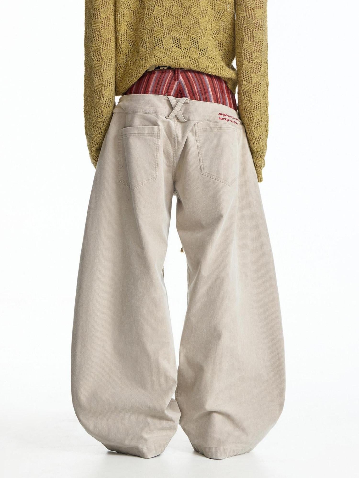 EMOBROTHER Shape Retaining Relaxed Patchwork Curved Beige Striped Wide-Leg Jeans
