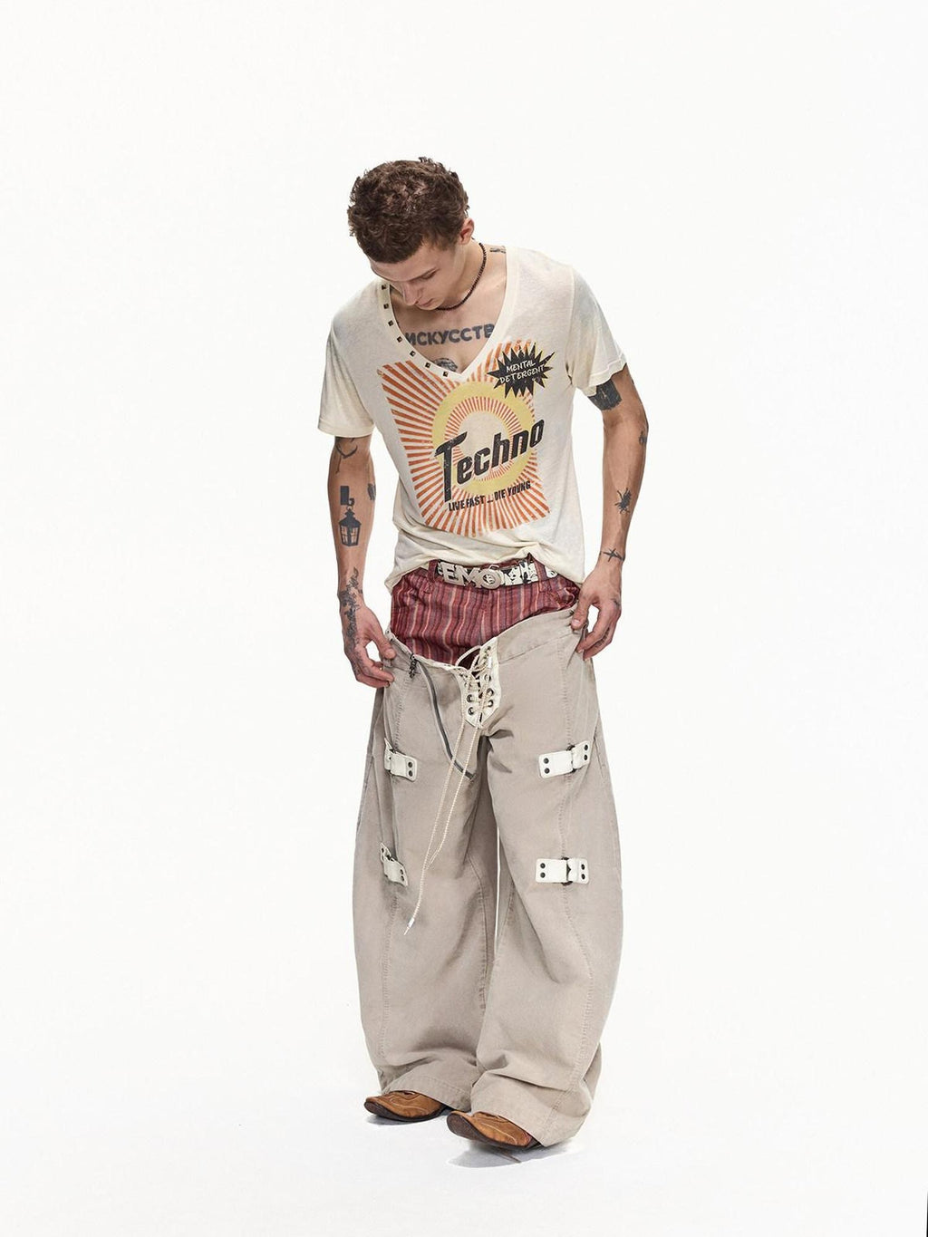 EMOBROTHER Shape Retaining Relaxed Patchwork Curved Beige Striped Wide-Leg Jeans