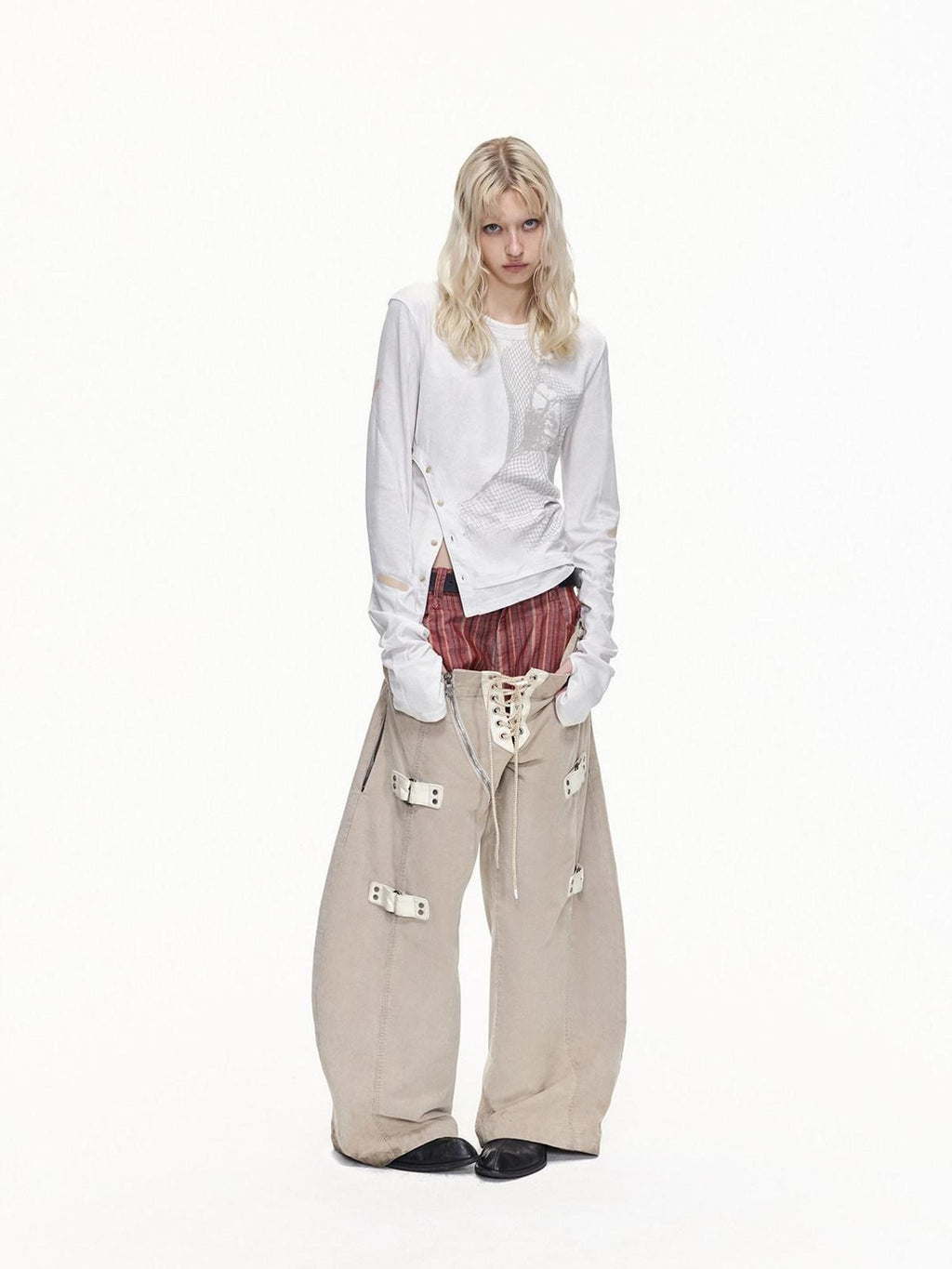 EMOBROTHER Shape Retaining Relaxed Patchwork Curved Beige Striped Wide-Leg Jeans