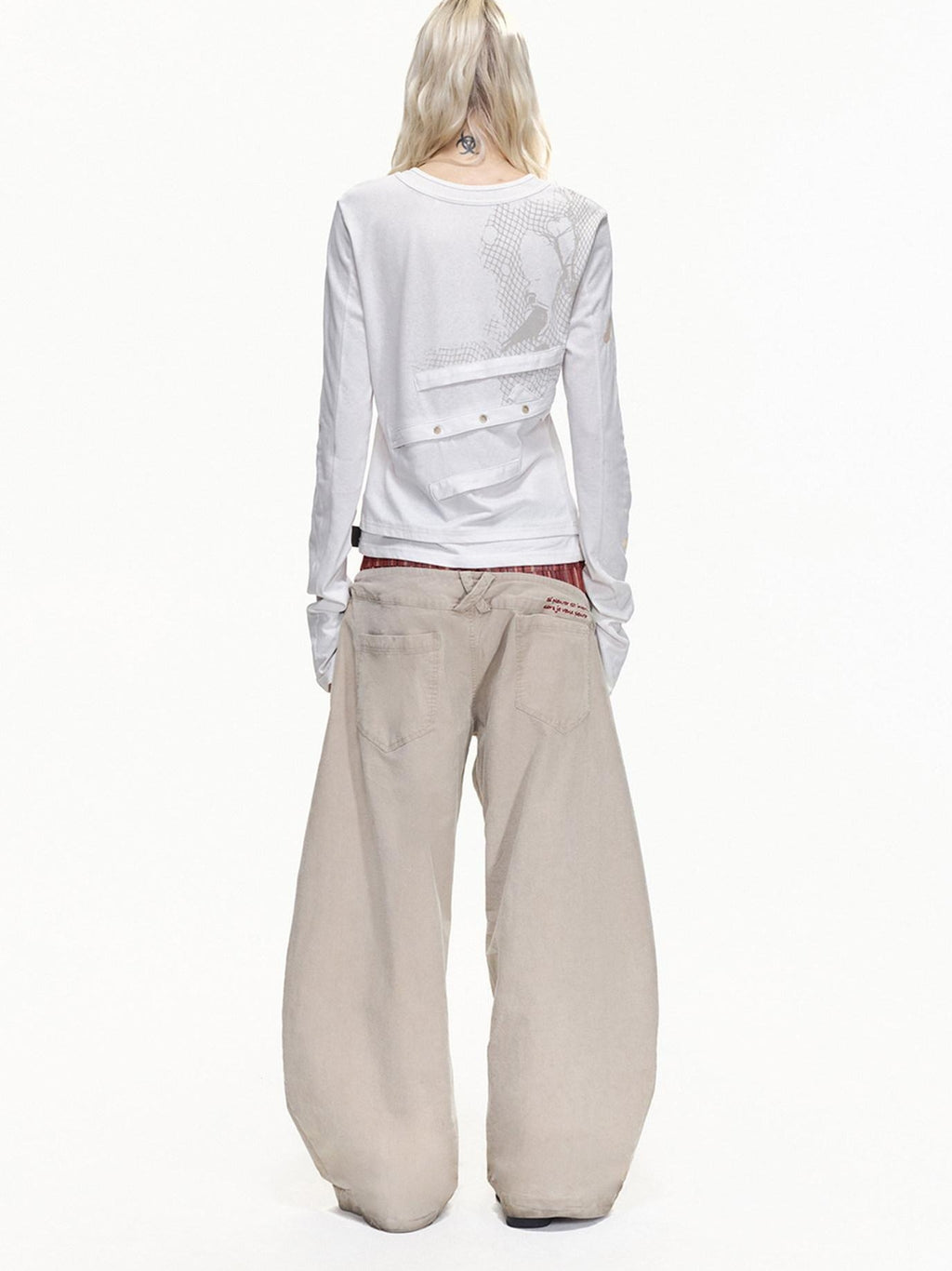 EMOBROTHER Shape Retaining Relaxed Patchwork Curved Beige Striped Wide-Leg Jeans
