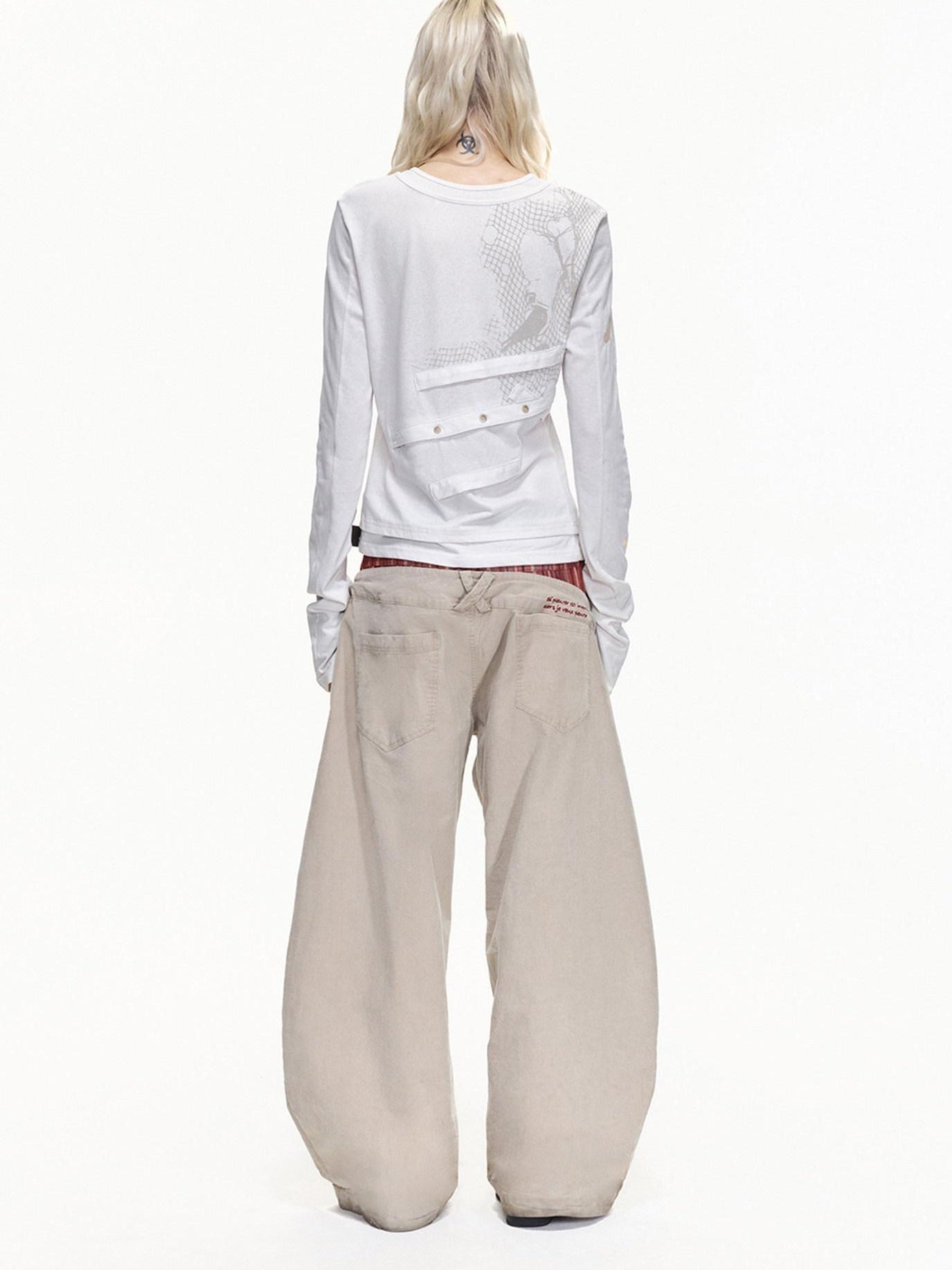 EMOBROTHER Shape Retaining Relaxed Patchwork Curved Beige Striped Wide-Leg Jeans