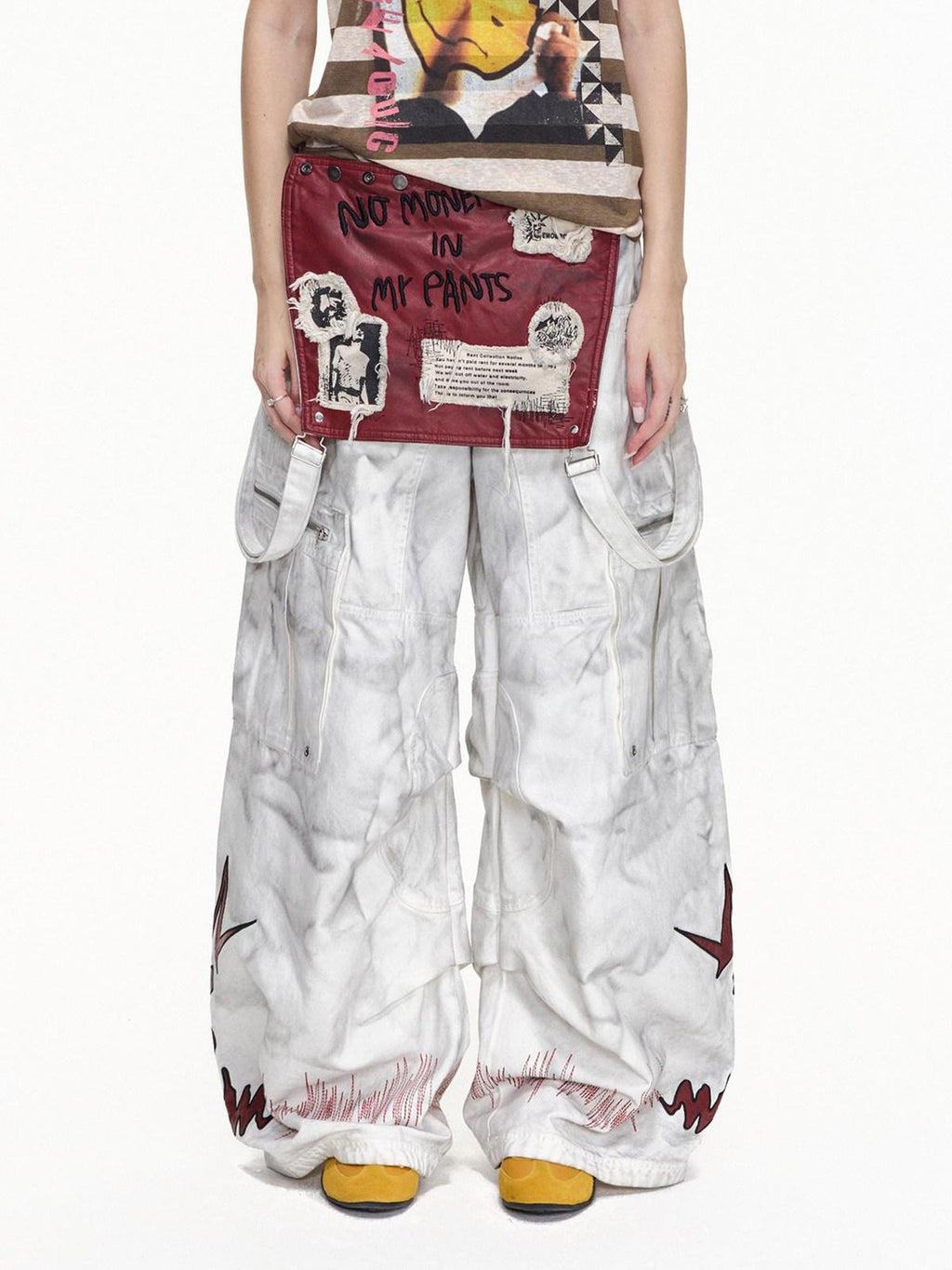 EMOBROTHER Washed Cotton Mid Rise Loose Printed Pocket Cargo Youth Casual Wide-Leg Pants
