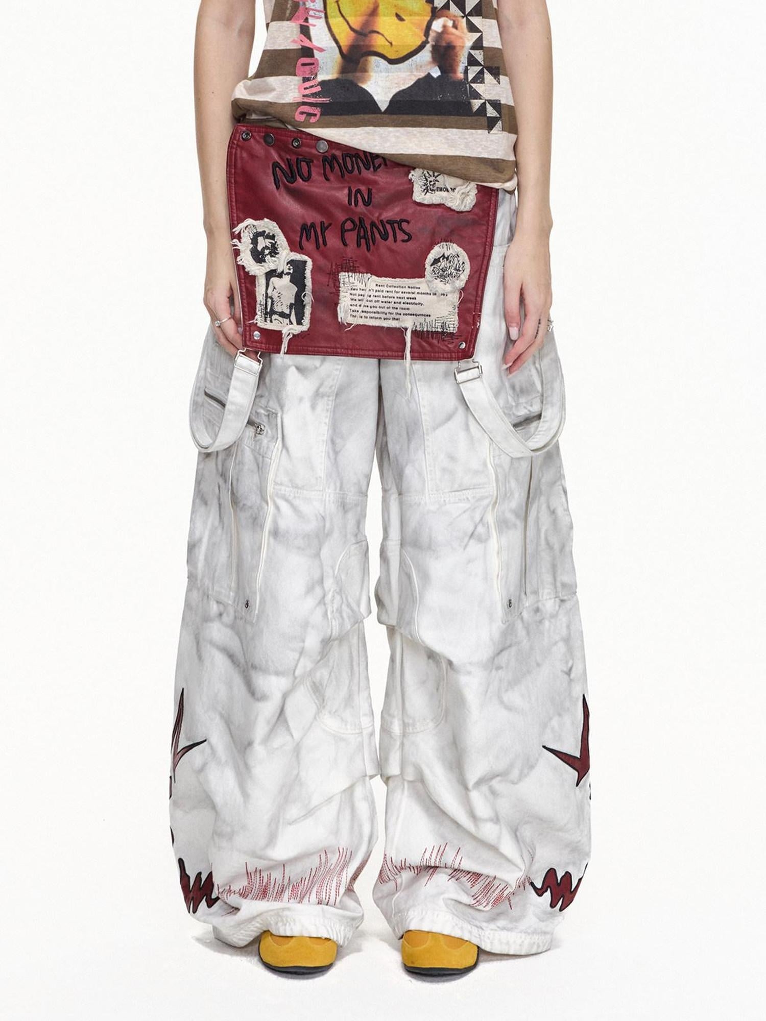 EMOBROTHER Washed Cotton Mid Rise Loose Printed Pocket Cargo Youth Casual Wide-Leg Pants