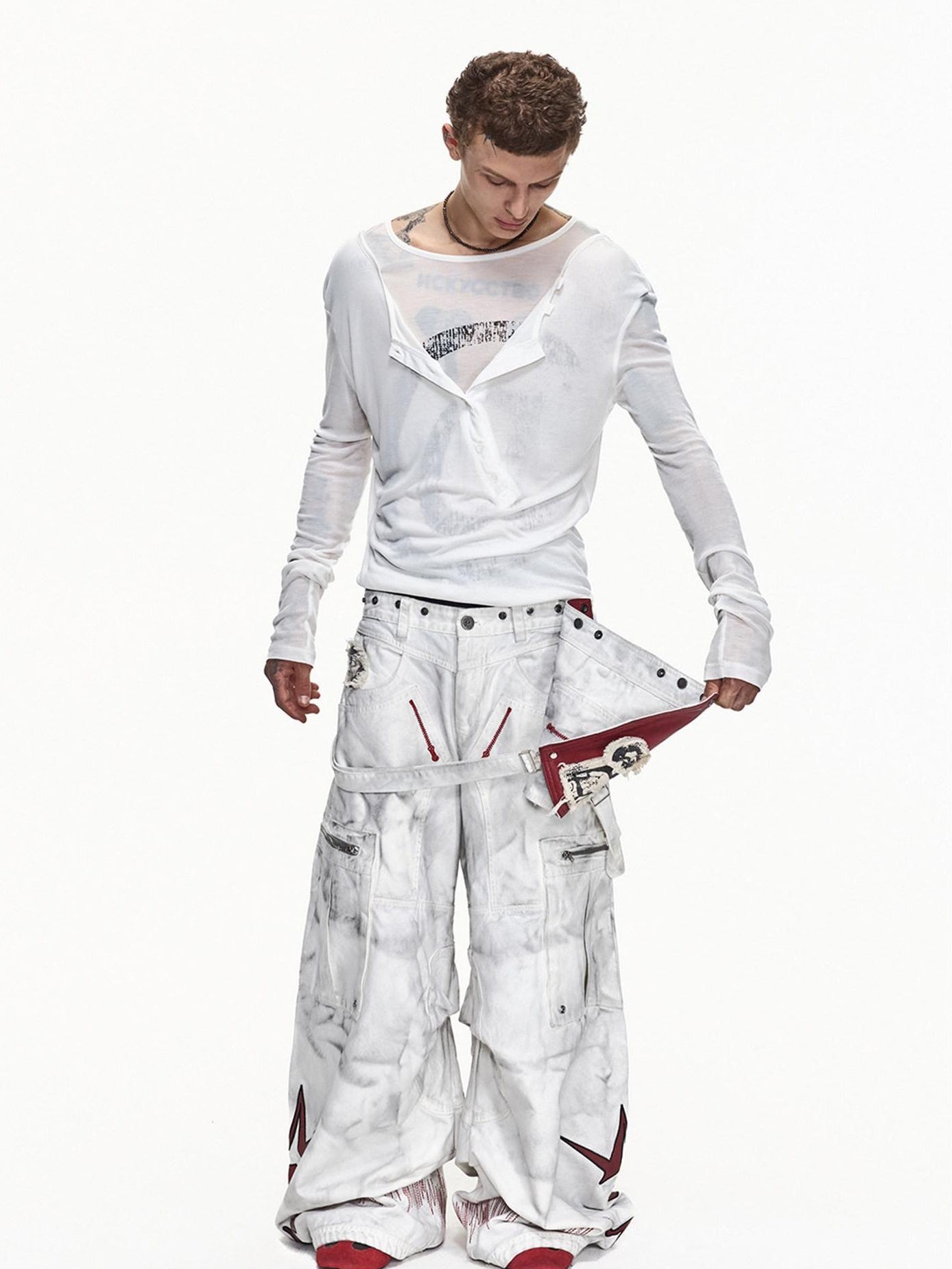 EMOBROTHER Washed Cotton Mid Rise Loose Printed Pocket Cargo Youth Casual Wide-Leg Pants