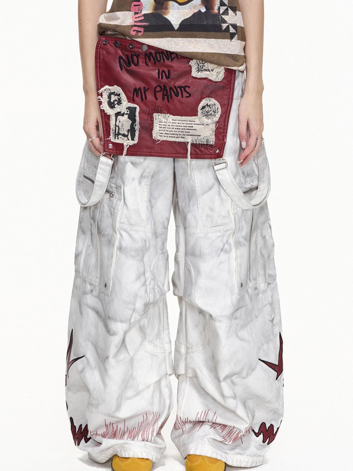 EMOBROTHER Washed Cotton Mid Rise Loose Printed Pocket Cargo Youth Casual Wide-Leg Pants