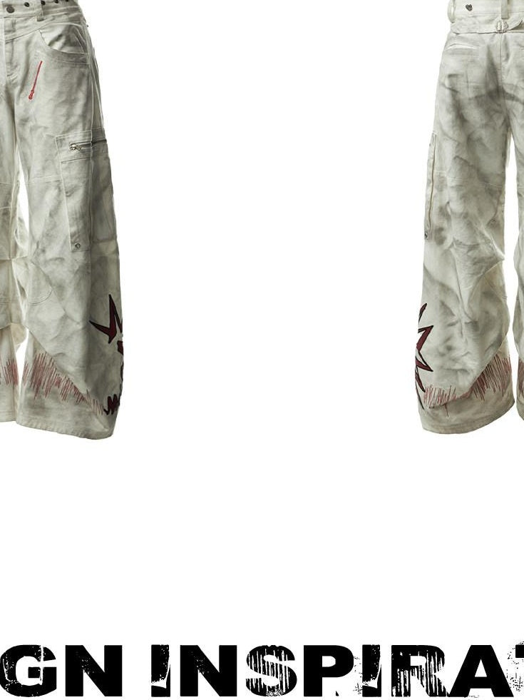 EMOBROTHER Washed Cotton Mid Rise Loose Printed Pocket Cargo Youth Casual Wide-Leg Pants