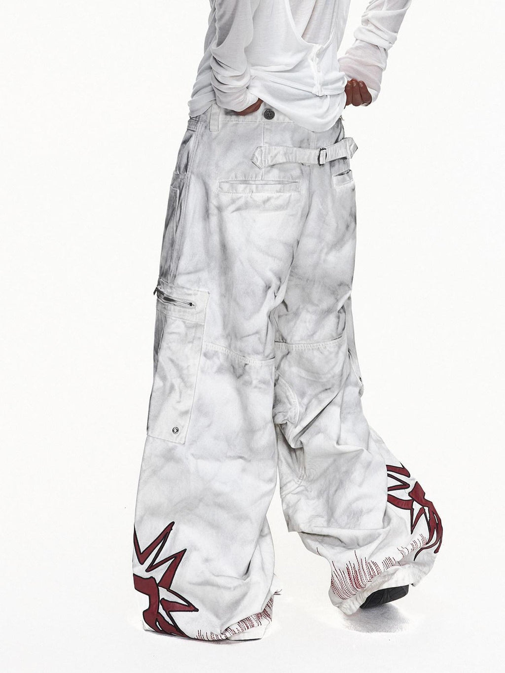 EMOBROTHER Washed Cotton Mid Rise Loose Printed Pocket Cargo Youth Casual Wide-Leg Pants