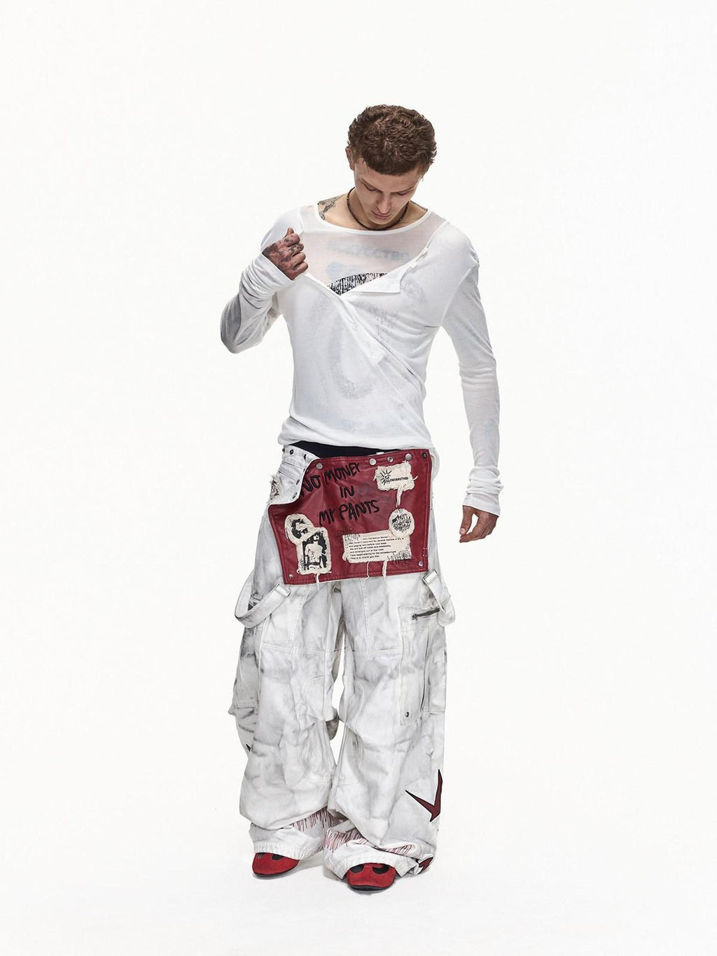 EMOBROTHER Washed Cotton Mid Rise Loose Printed Pocket Cargo Youth Casual Wide-Leg Pants