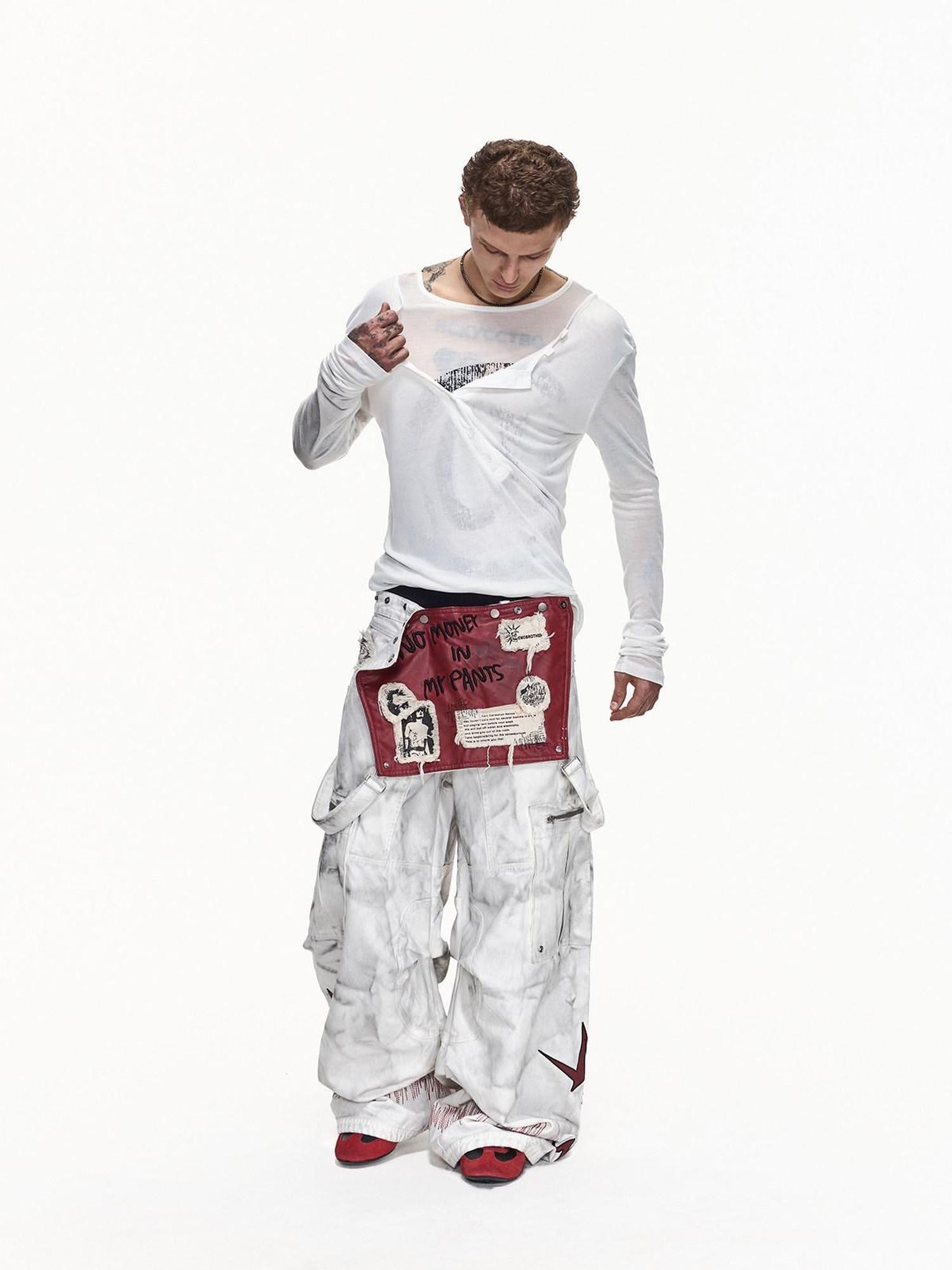 EMOBROTHER Washed Cotton Mid Rise Loose Printed Pocket Cargo Youth Casual Wide-Leg Pants