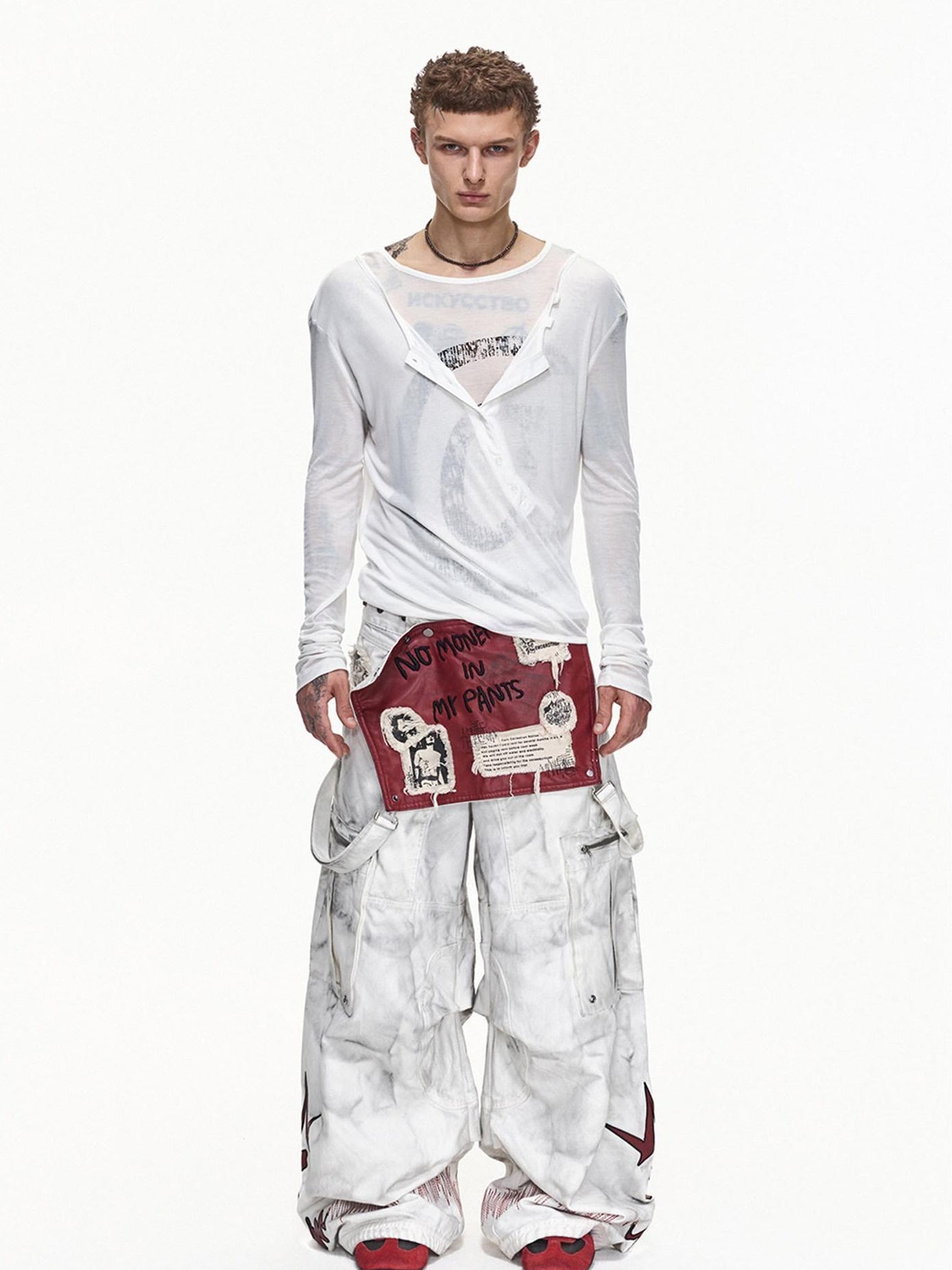 EMOBROTHER Washed Cotton Mid Rise Loose Printed Pocket Cargo Youth Casual Wide-Leg Pants