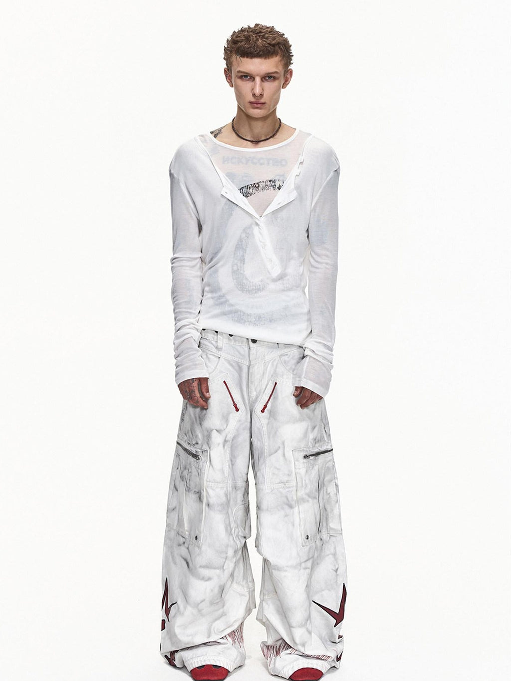 EMOBROTHER Washed Cotton Mid Rise Loose Printed Pocket Cargo Youth Casual Wide-Leg Pants