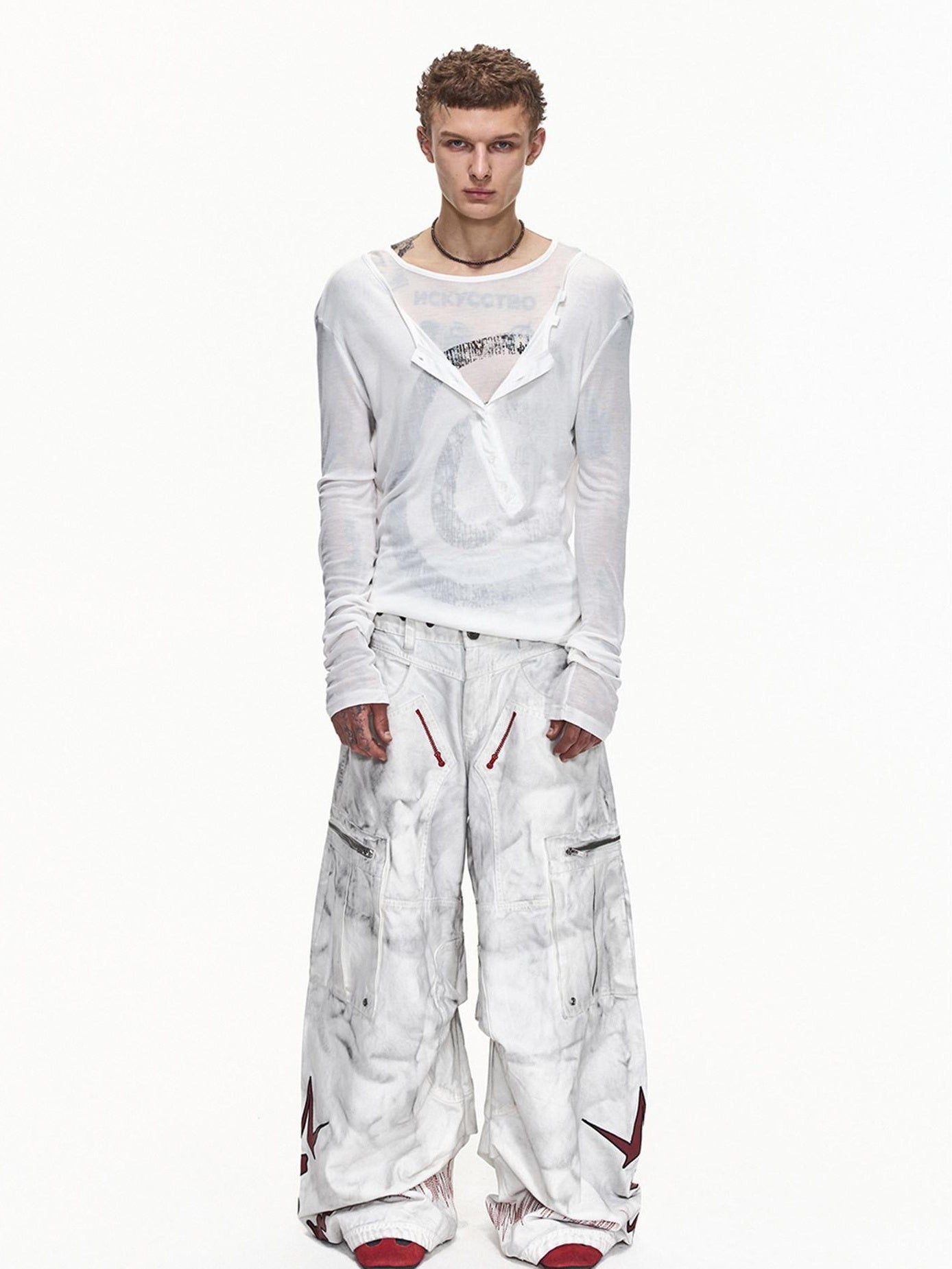 EMOBROTHER Washed Cotton Mid Rise Loose Printed Pocket Cargo Youth Casual Wide-Leg Pants