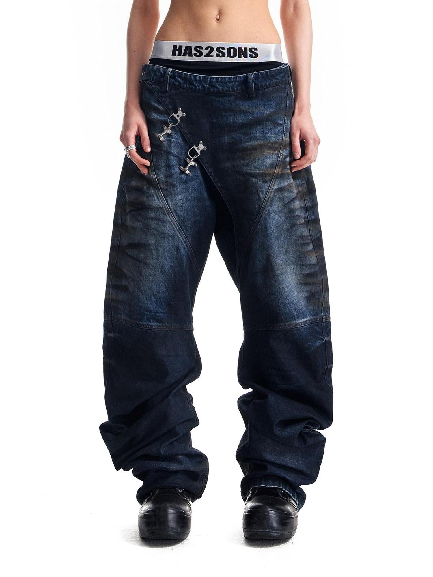 HAS2SONS 3d Whisker Distressed Stonewash Metal Women's Cotton Relaxed Jeans