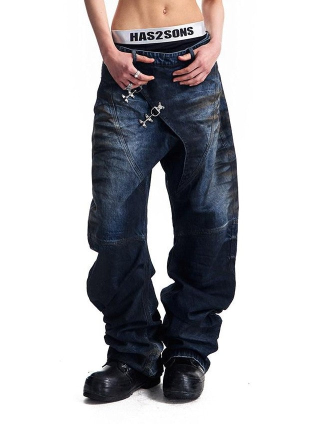 HAS2SONS 3d Whisker Distressed Stonewash Metal Women's Cotton Relaxed Jeans