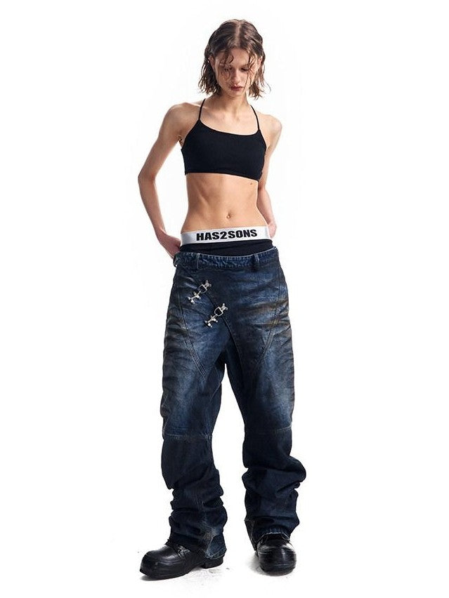 HAS2SONS 3d Whisker Distressed Stonewash Metal Women's Cotton Relaxed Jeans