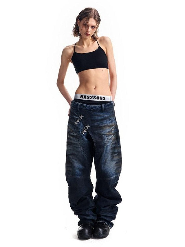 HAS2SONS 3d Whisker Distressed Stonewash Metal Women's Cotton Relaxed Jeans