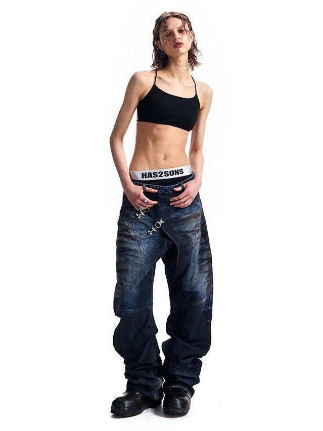 HAS2SONS 3d Whisker Distressed Stonewash Metal Women's Cotton Relaxed Jeans