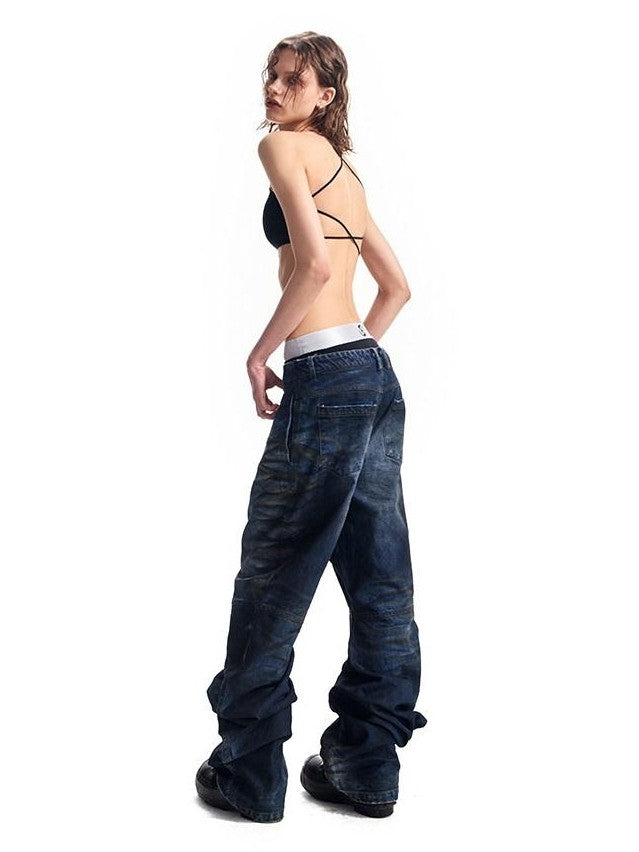 HAS2SONS 3d Whisker Distressed Stonewash Metal Women's Cotton Relaxed Jeans