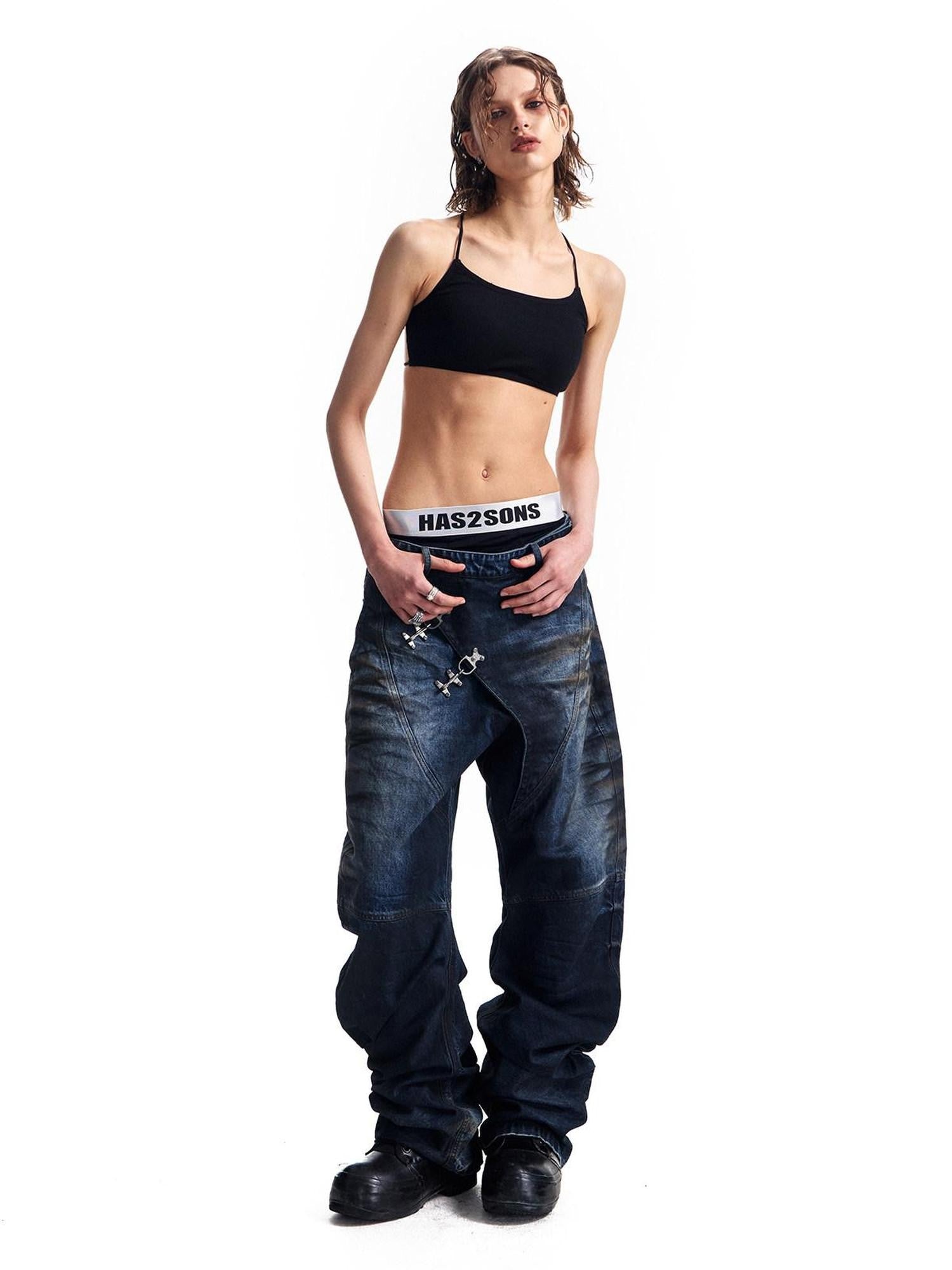 HAS2SONS 3d Whisker Distressed Stonewash Metal Women's Cotton Relaxed Jeans