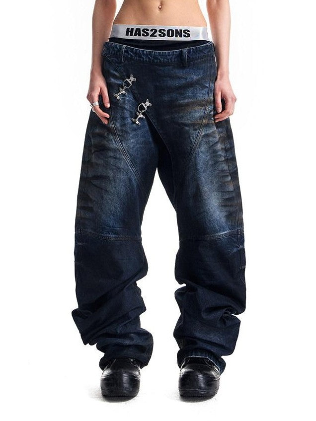 HAS2SONS 3d Whisker Distressed Stonewash Metal Women's Cotton Relaxed Jeans