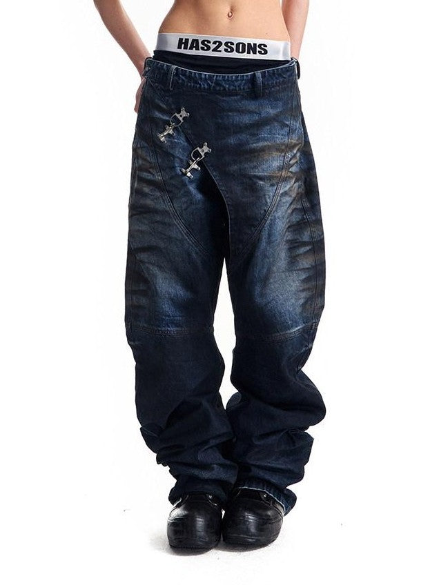 HAS2SONS 3d Whisker Distressed Stonewash Metal Women's Cotton Relaxed Jeans