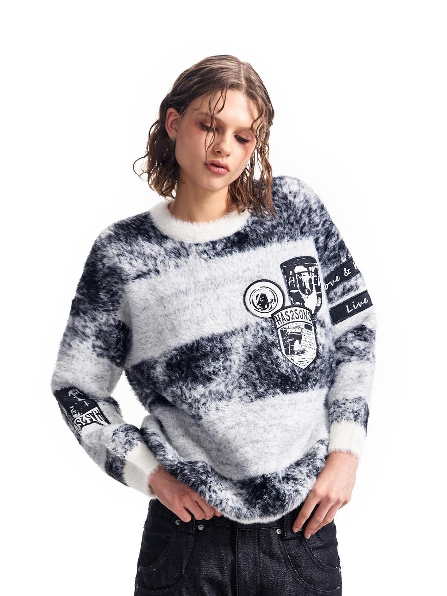 HAS2SONS Black Camo Badge Applique Jacquard Stripe Women's Cotton Crew Neck Sweaters