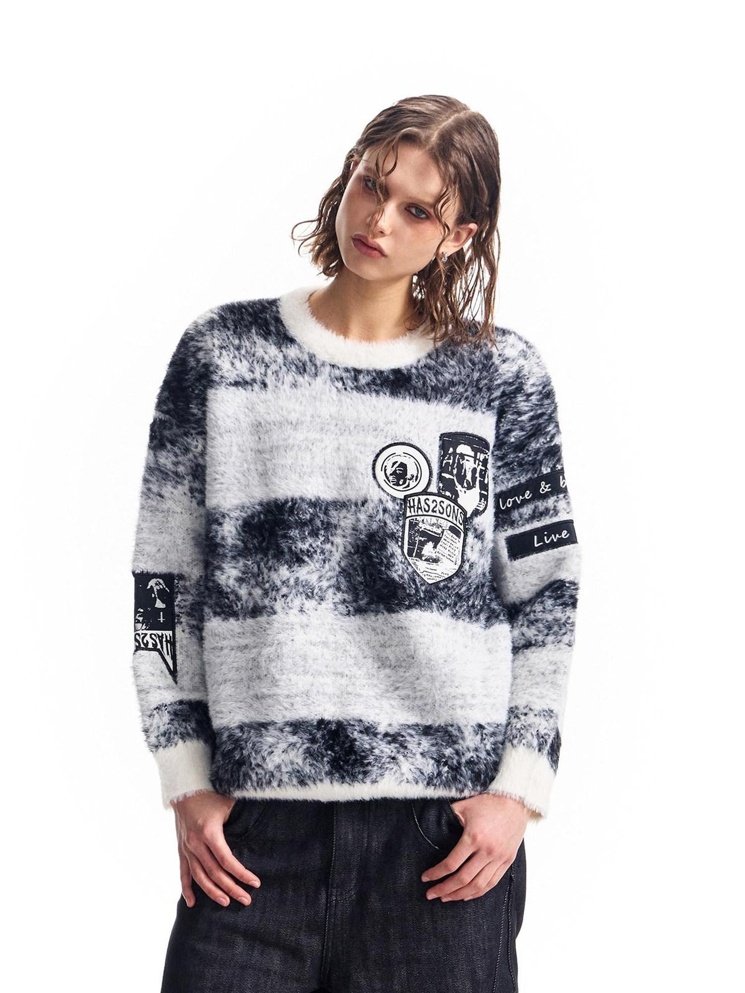HAS2SONS Black Camo Badge Applique Jacquard Stripe Women's Cotton Crew Neck Sweaters