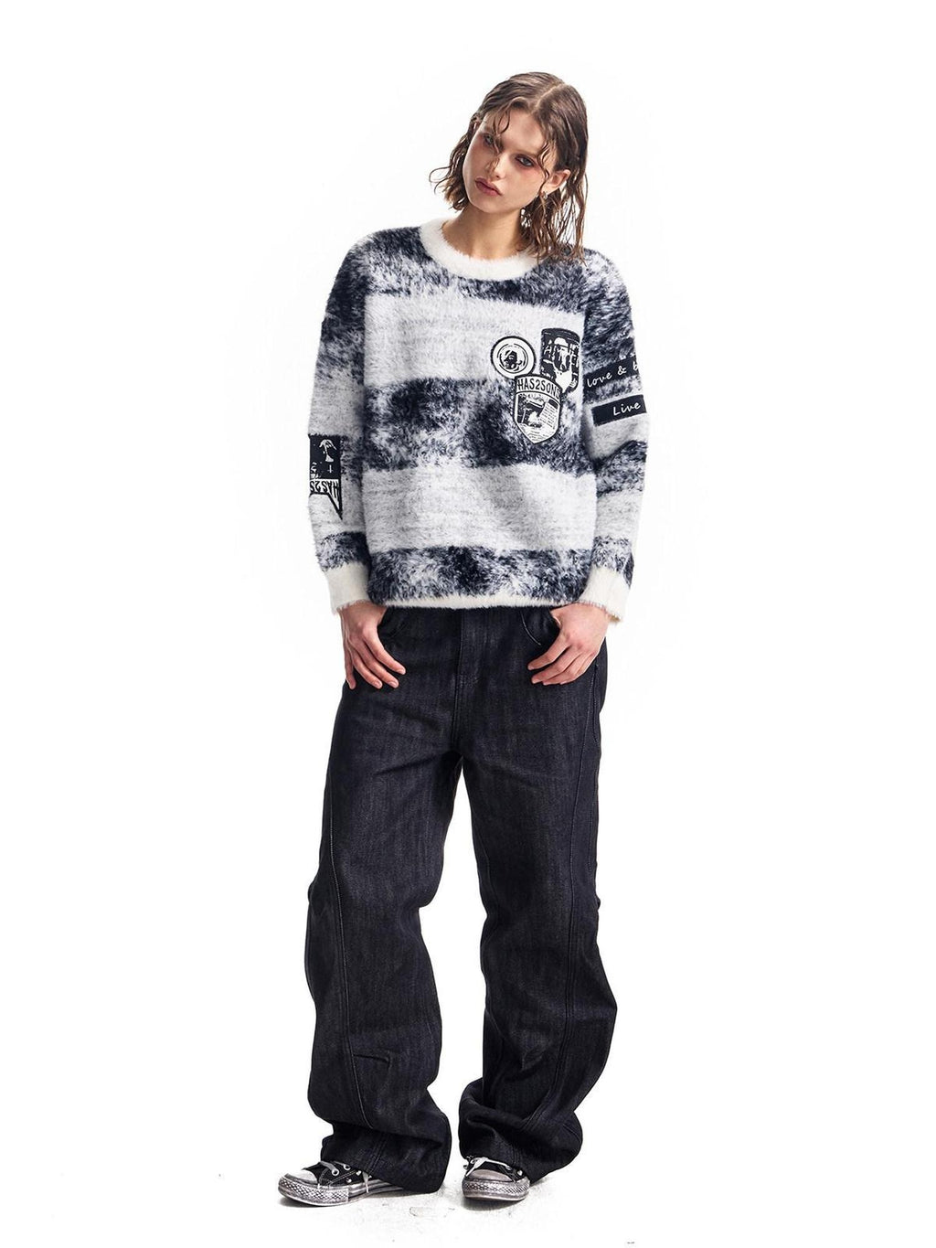 HAS2SONS Black Camo Badge Applique Jacquard Stripe Women's Cotton Crew Neck Sweaters