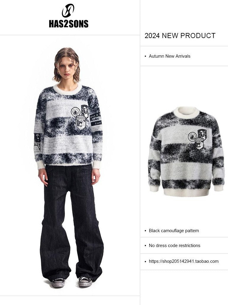 HAS2SONS Black Camo Badge Applique Jacquard Stripe Women's Cotton Crew Neck Sweaters