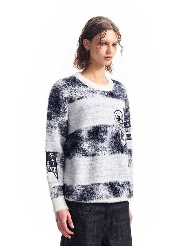 HAS2SONS Black Camo Badge Applique Jacquard Stripe Women's Cotton Crew Neck Sweaters