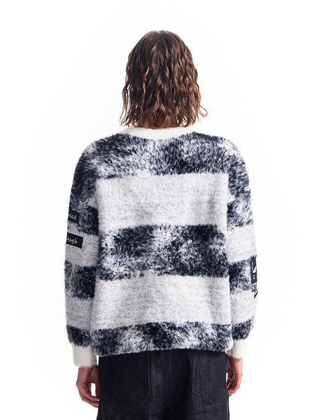 HAS2SONS Black Camo Badge Applique Jacquard Stripe Women's Cotton Crew Neck Sweaters