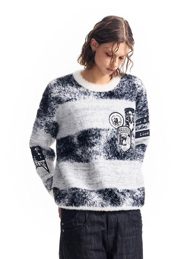 HAS2SONS Black Camo Badge Applique Jacquard Stripe Women's Cotton Crew Neck Sweaters