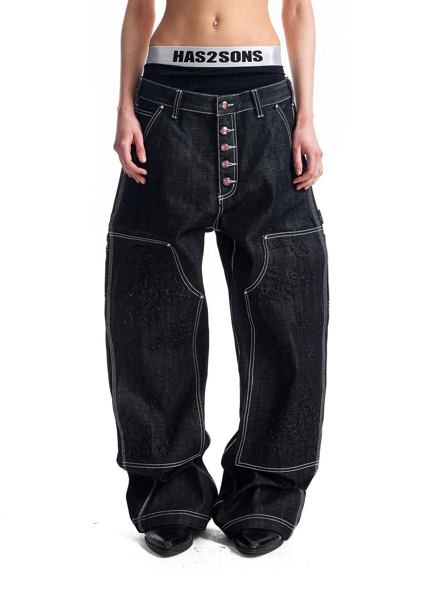 HAS2SONS Black Double Knee Rivet Bonded Detail Straight Women's Cotton Selvedge Jeans