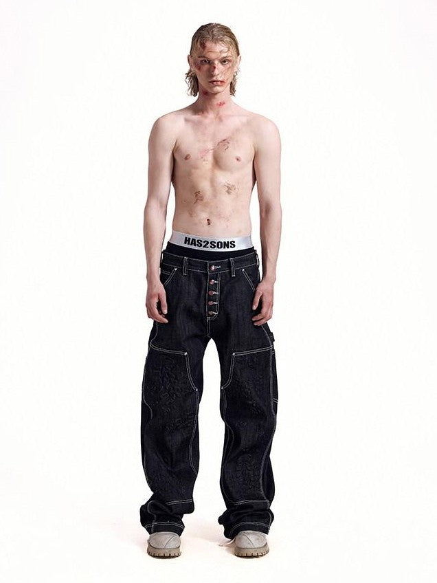 HAS2SONS Black Double Knee Rivet Bonded Detail Straight Women's Cotton Selvedge Jeans