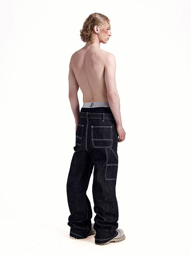 HAS2SONS Black Double Knee Rivet Bonded Detail Straight Women's Cotton Selvedge Jeans