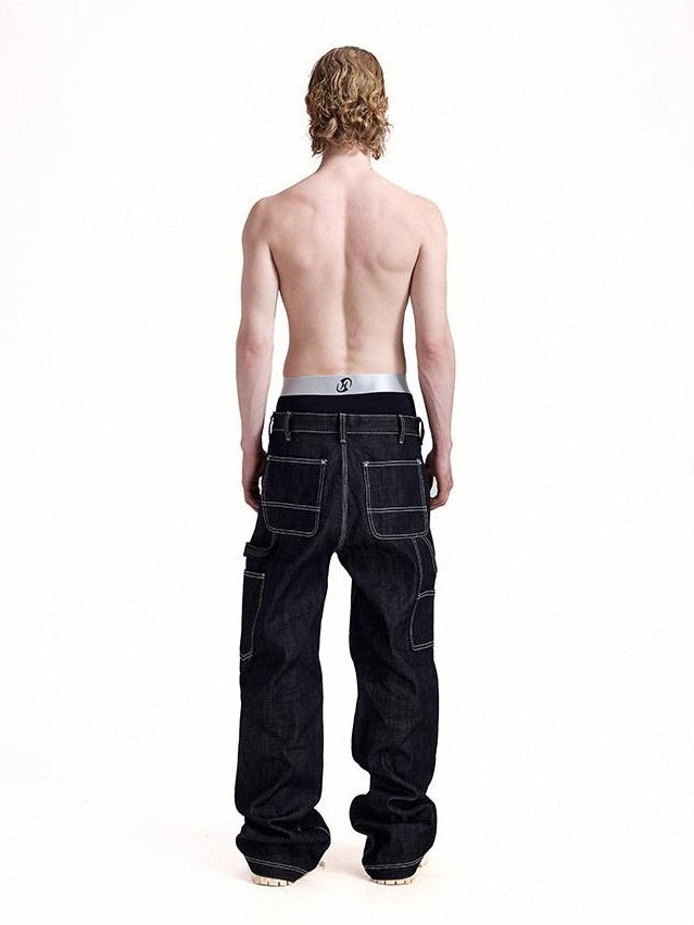 HAS2SONS Black Double Knee Rivet Bonded Detail Straight Women's Cotton Selvedge Jeans