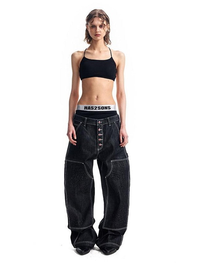 HAS2SONS Black Double Knee Rivet Bonded Detail Straight Women's Cotton Selvedge Jeans