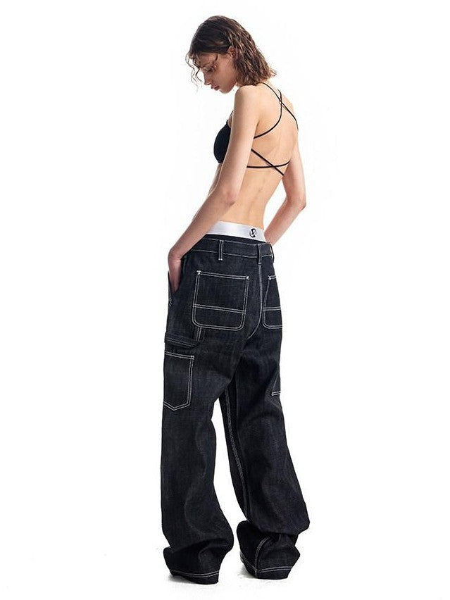 HAS2SONS Black Double Knee Rivet Bonded Detail Straight Women's Cotton Selvedge Jeans