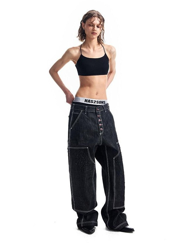 HAS2SONS Black Double Knee Rivet Bonded Detail Straight Women's Cotton Selvedge Jeans