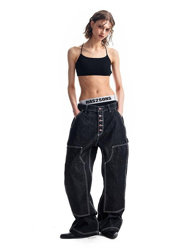 HAS2SONS Black Double Knee Rivet Bonded Detail Straight Women's Cotton Selvedge Jeans