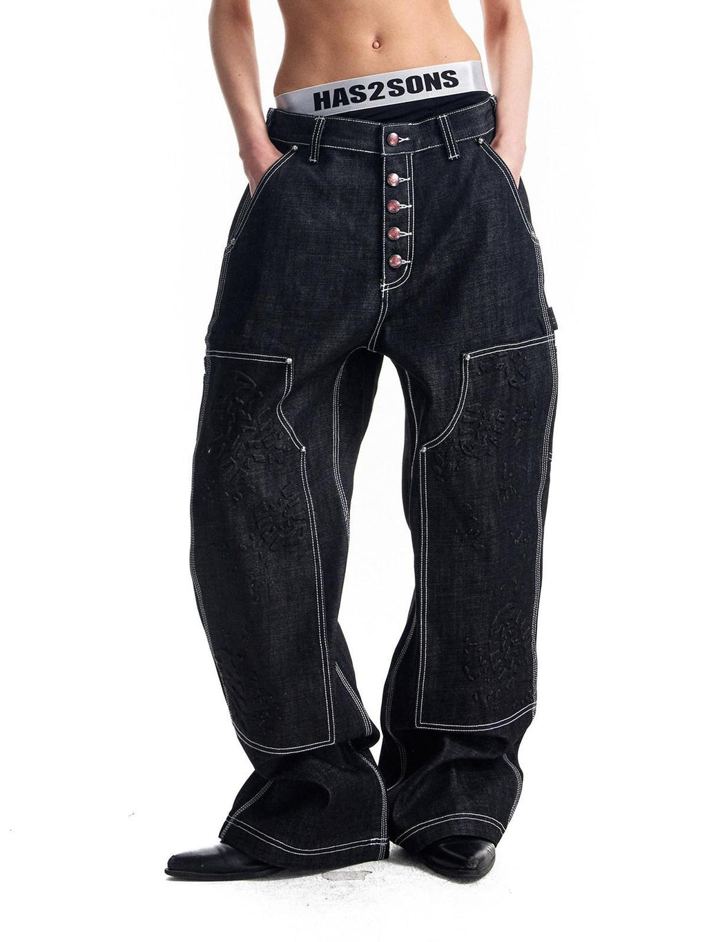 HAS2SONS Black Double Knee Rivet Bonded Detail Straight Women's Cotton Selvedge Jeans