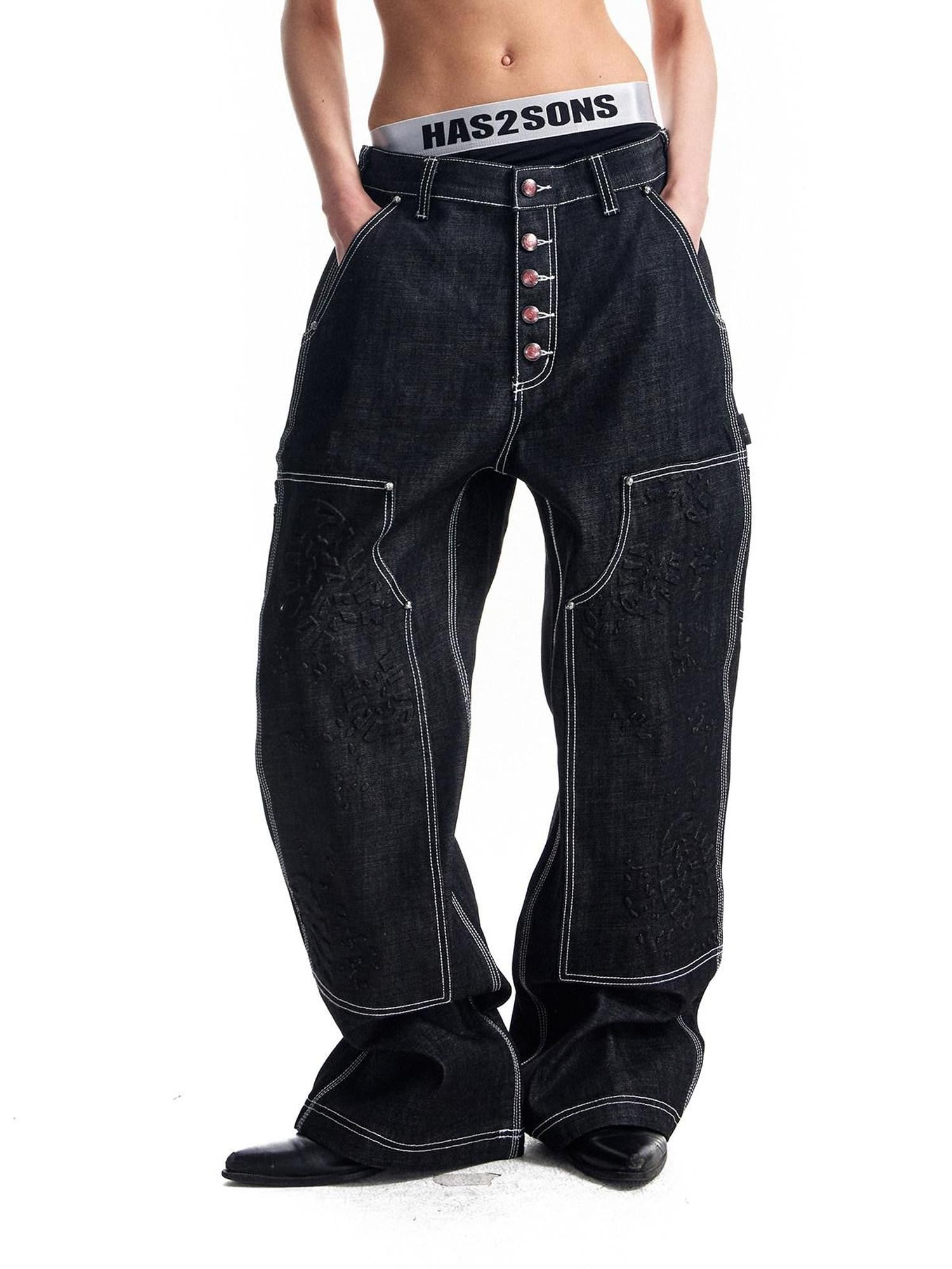 HAS2SONS Black Double Knee Rivet Bonded Detail Straight Women's Cotton Selvedge Jeans