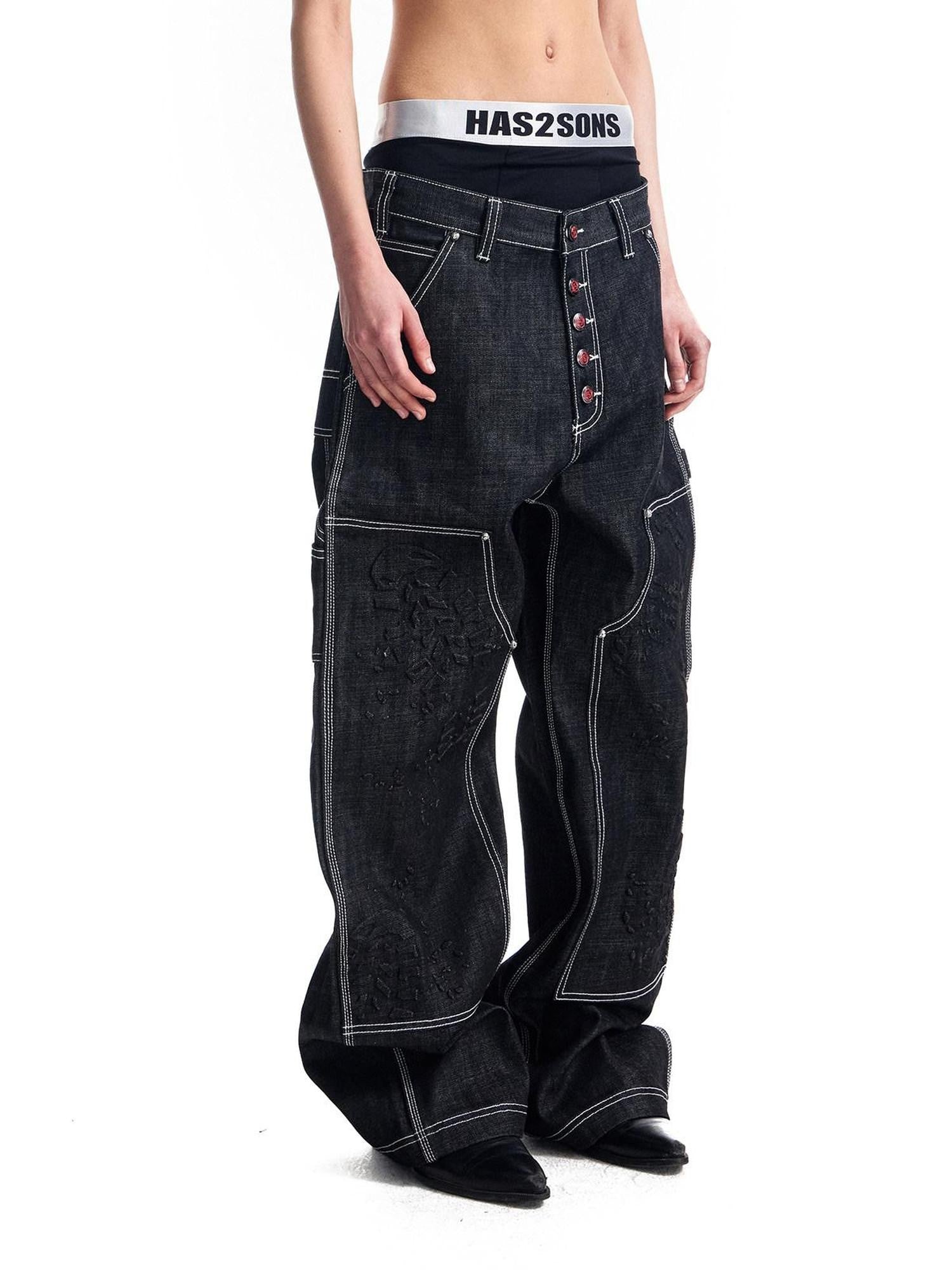HAS2SONS Black Double Knee Rivet Bonded Detail Straight Women's Cotton Selvedge Jeans