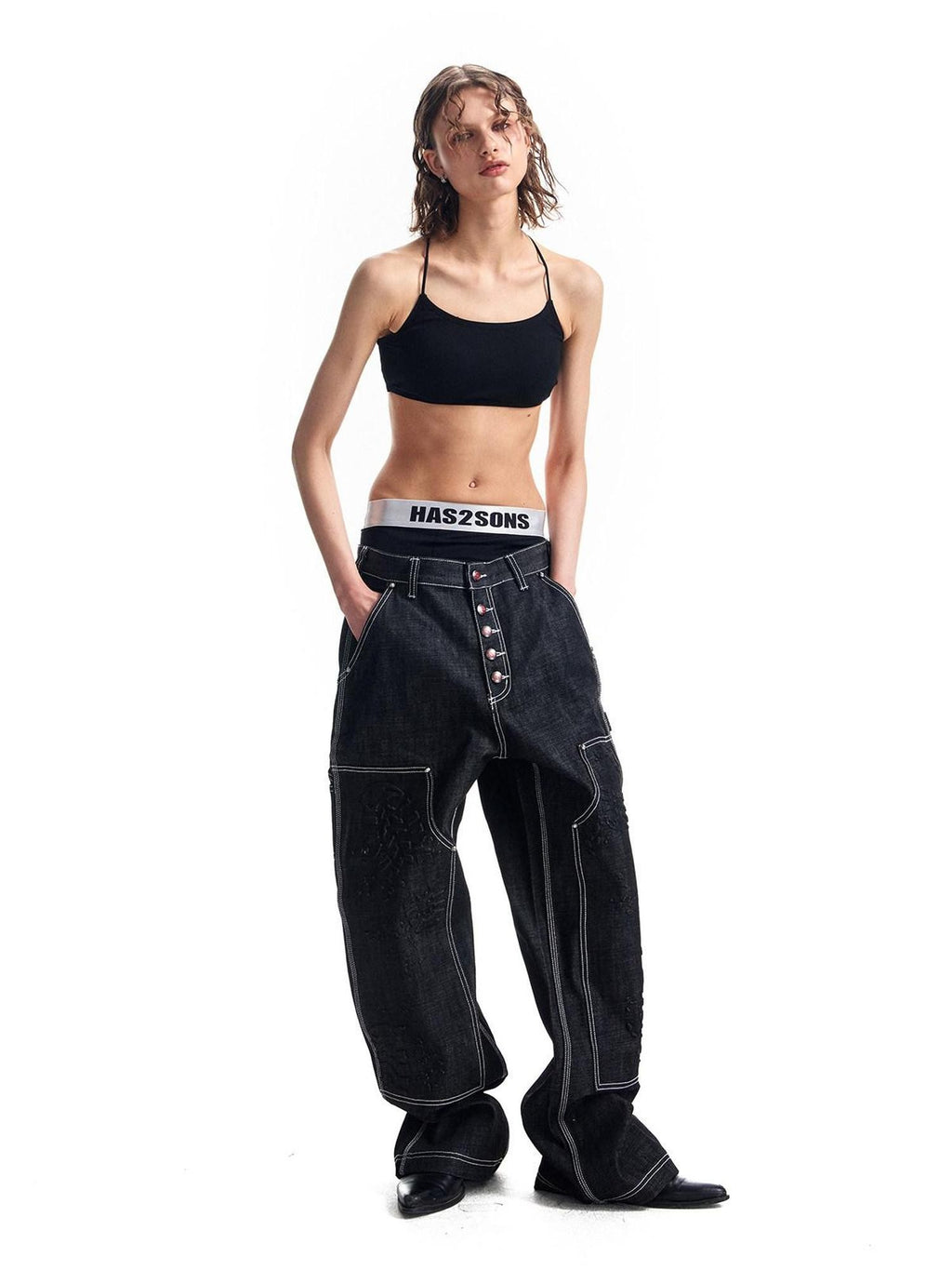 HAS2SONS Black Double Knee Rivet Bonded Detail Straight Women's Cotton Selvedge Jeans