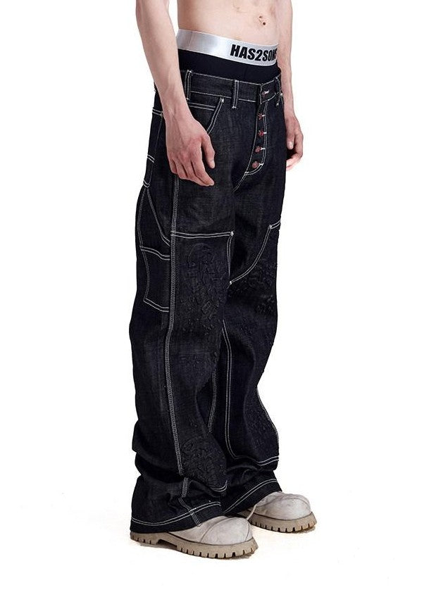 HAS2SONS Black Double Knee Rivet Bonded Detail Straight Women's Cotton Selvedge Jeans