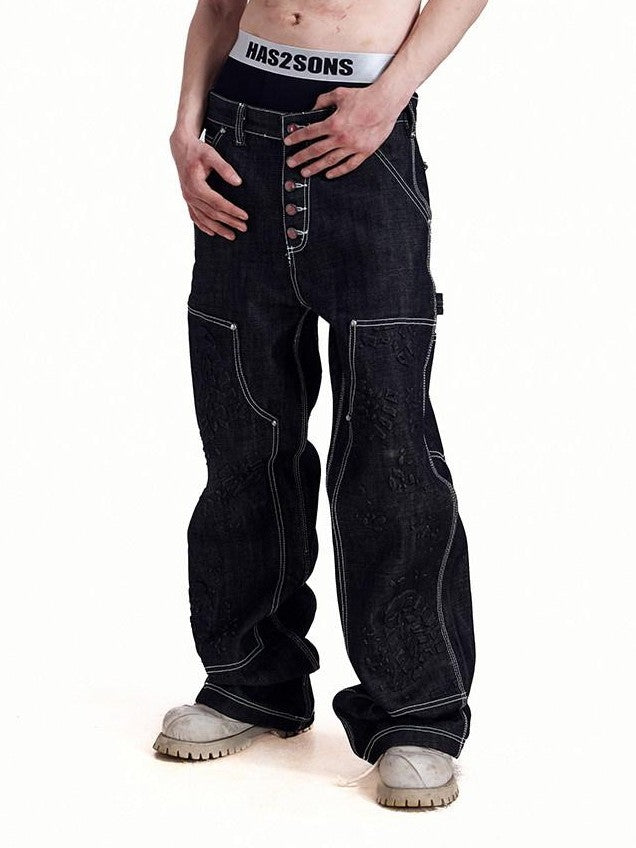 HAS2SONS Black Double Knee Rivet Bonded Detail Straight Women's Cotton Selvedge Jeans