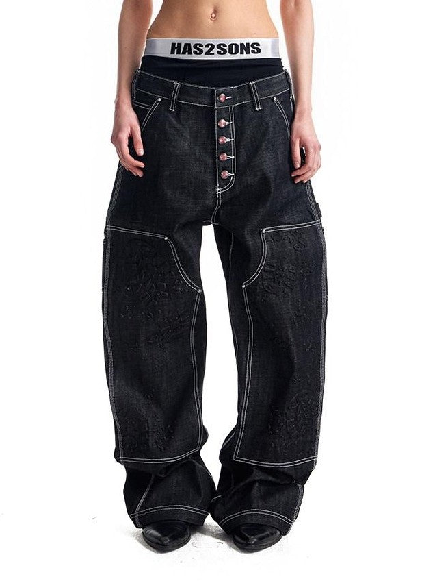 HAS2SONS Black Double Knee Rivet Bonded Detail Straight Women's Cotton Selvedge Jeans