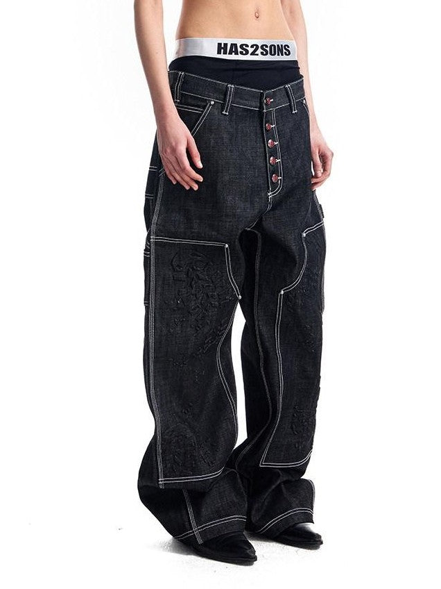 HAS2SONS Black Double Knee Rivet Bonded Detail Straight Women's Cotton Selvedge Jeans
