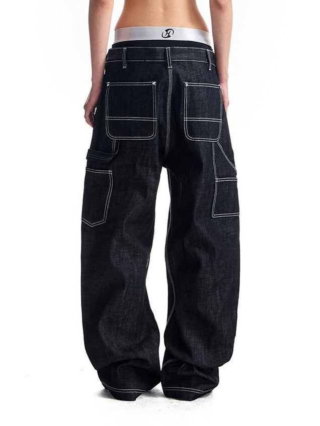 HAS2SONS Black Double Knee Rivet Bonded Detail Straight Women's Cotton Selvedge Jeans