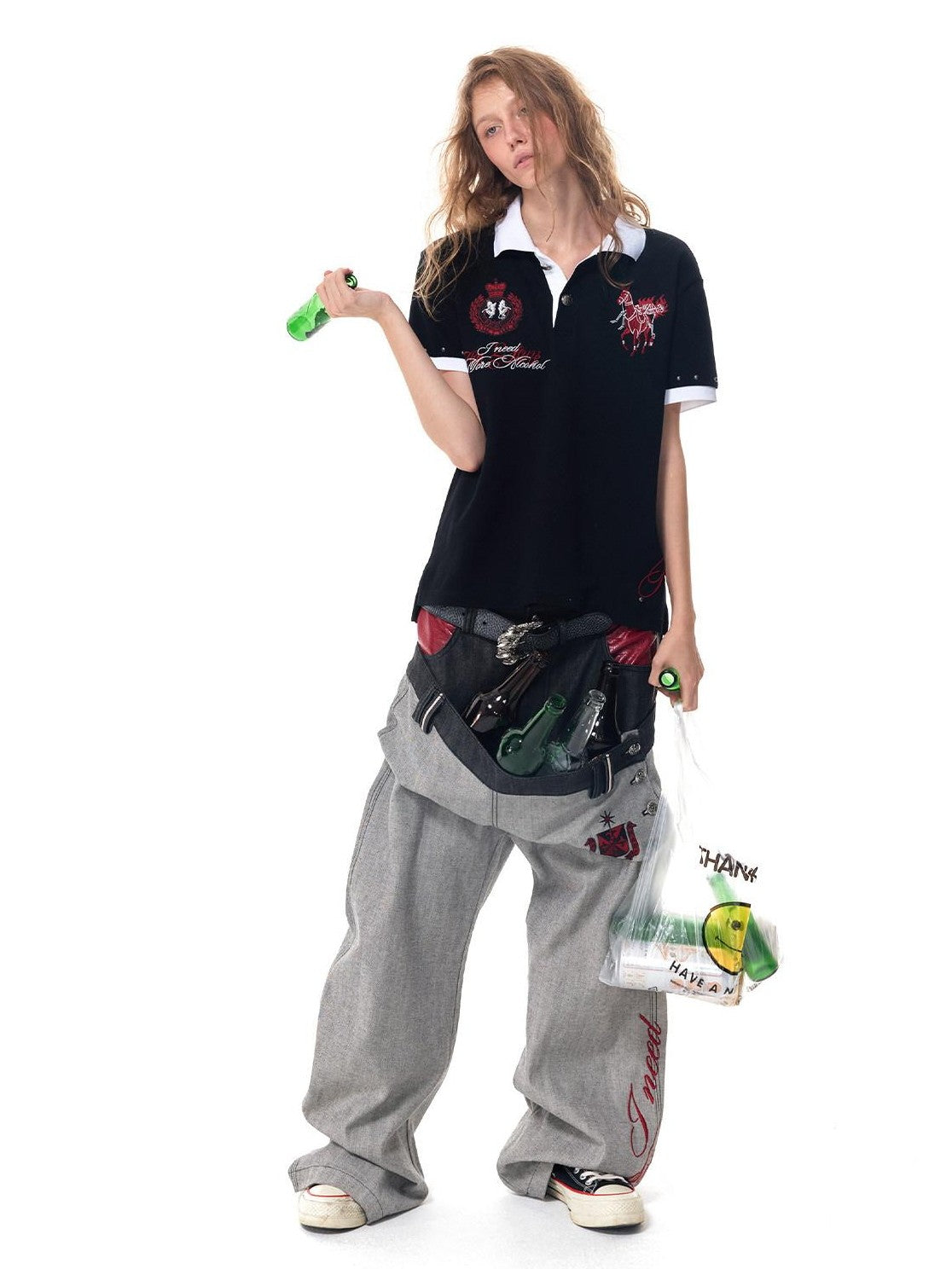 HAS2SONS Black Embroidered Contrast Boxy Short Sleeve Women's Cotton Classic Polos